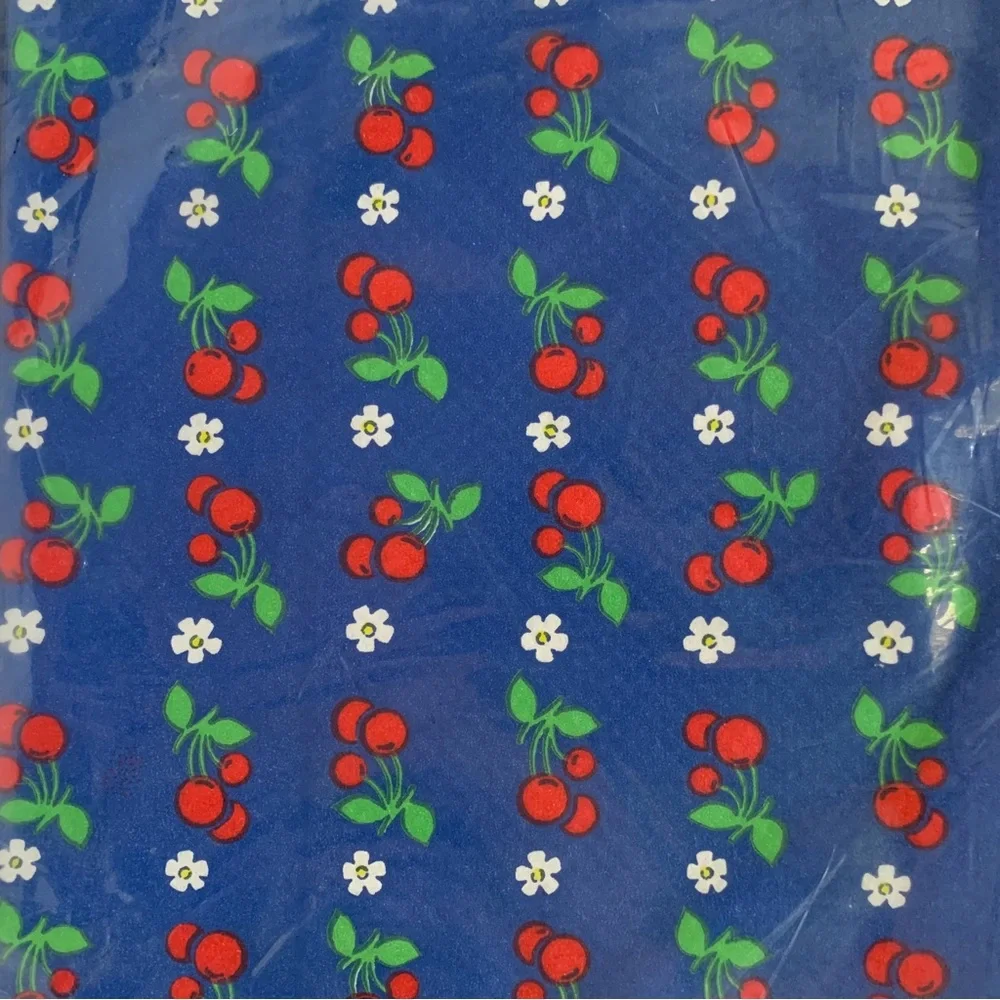 1970s blue tablecover with red cherries white daisies print by Party Maid